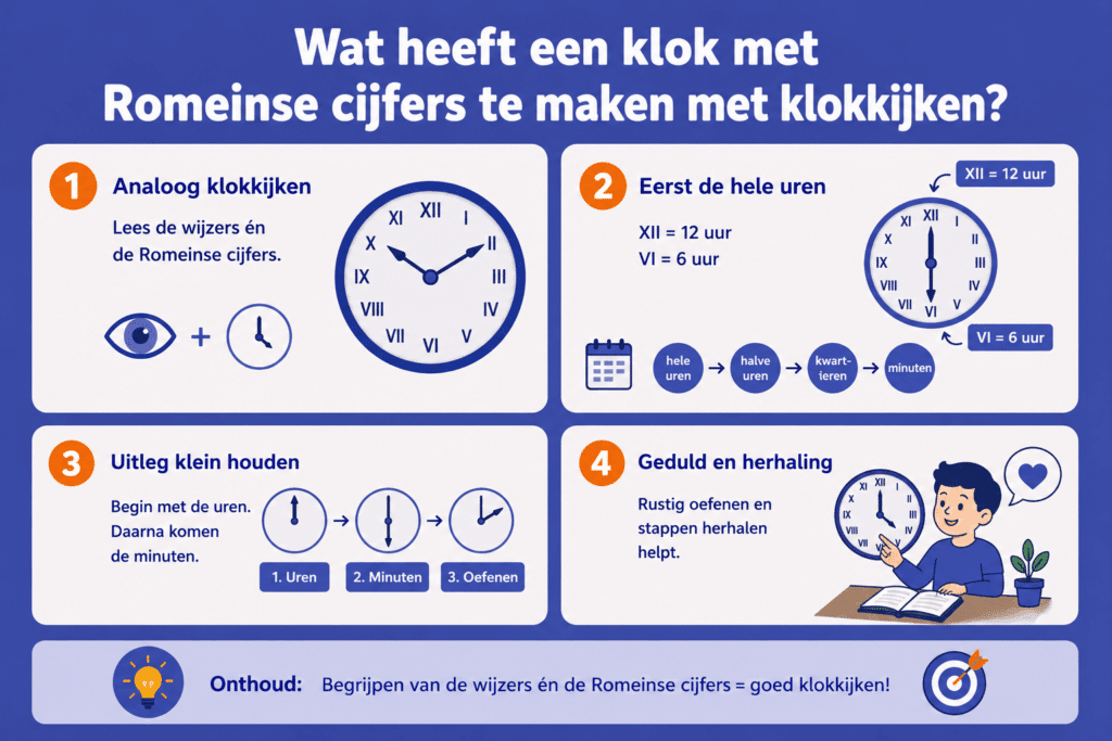 Eenvoudige educatieve illustratie die uitlegt hoe kinderen leren klokkijken met Romeinse cijfers, met voorbeelden zoals XII voor 12 uur en VI voor 6 uur en een stappenplan van uren naar minuten.