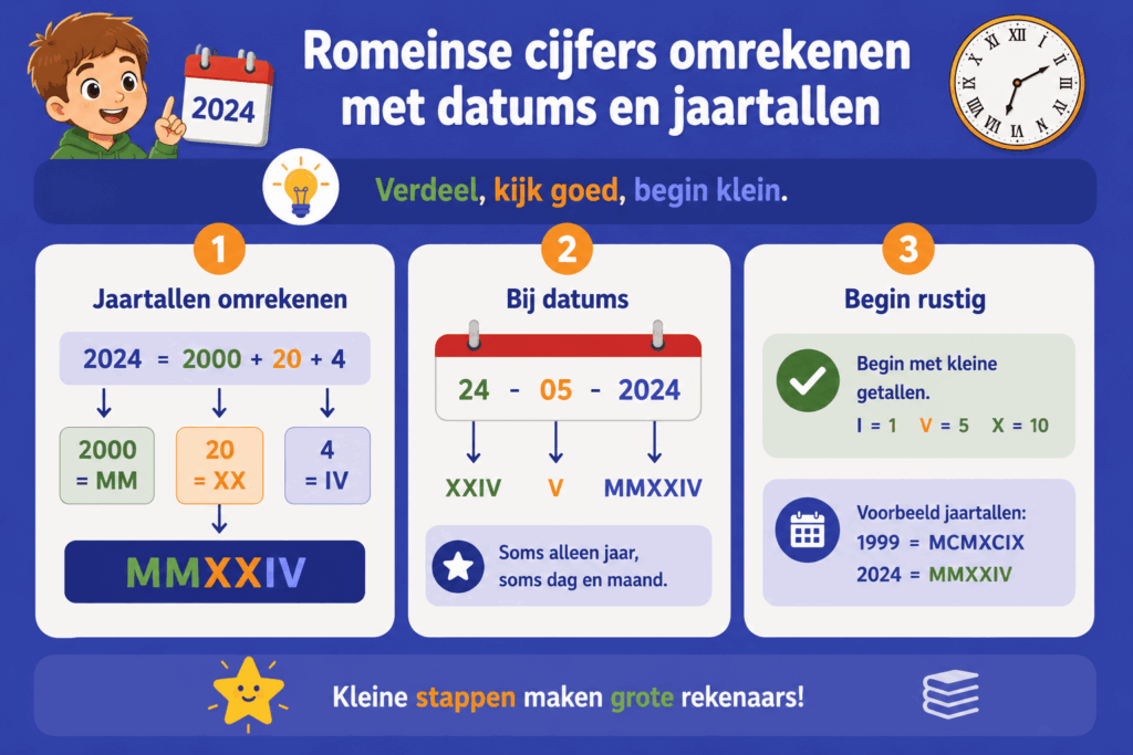 Educatieve infographic voor basisschoolkinderen over het omrekenen van Romeinse cijfers bij datums en jaartallen. De afbeelding laat zien hoe een jaartal zoals 2024 wordt opgesplitst in 2000, 20 en 4 en vervolgens wordt omgezet naar MMXXIV.