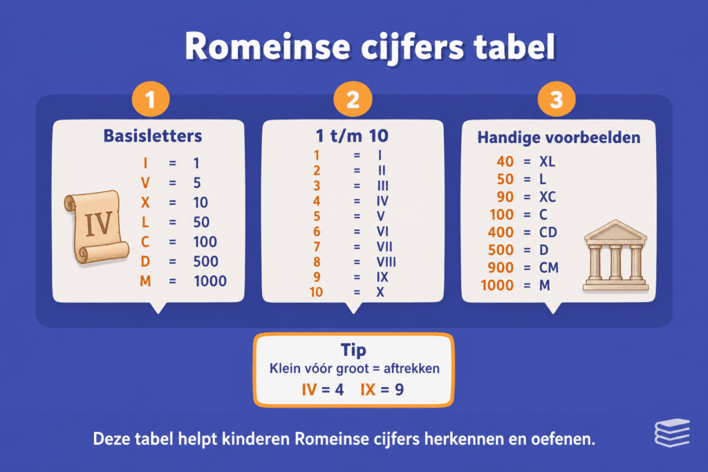 Infographic met een overzicht van Romeinse cijfers en hun waarden, van I tot M.