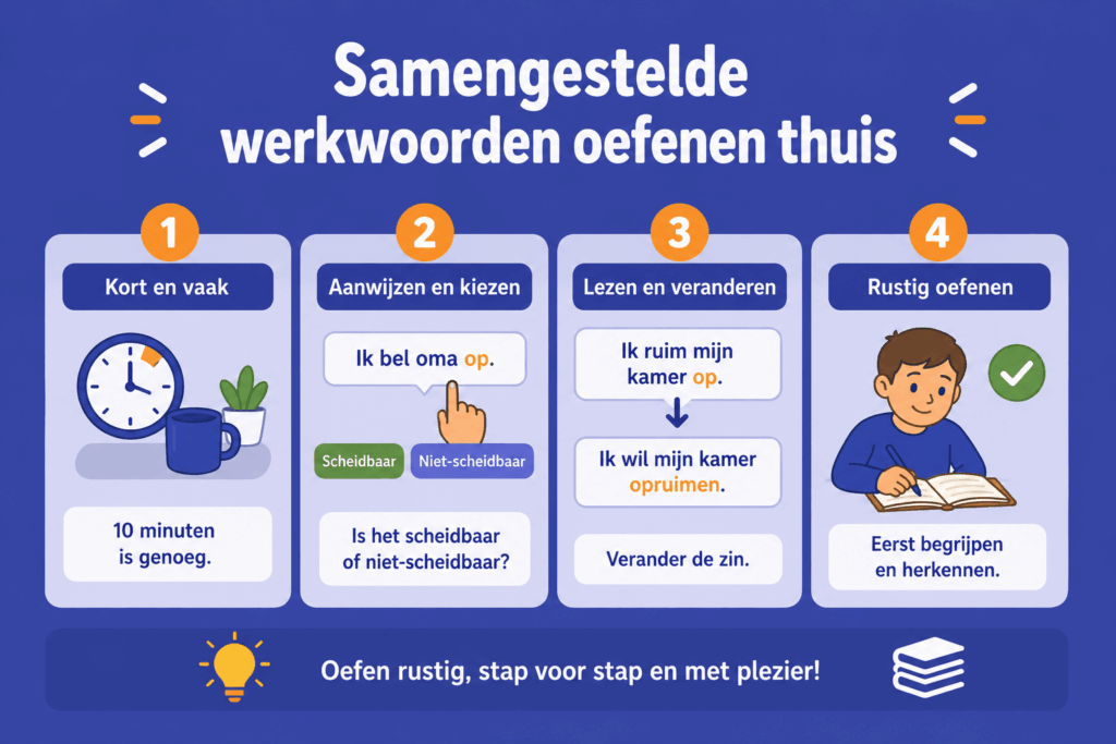 Infographic over samengestelde werkwoorden thuis oefenen, met korte oefenmomenten, zinnen veranderen en herkennen of een werkwoord scheidbaar of niet-scheidbaar is.