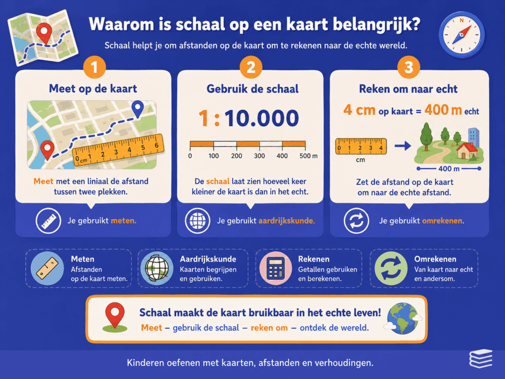 Infographic die laat zien hoe schaal op een kaart helpt om afstanden te meten, om te rekenen en beter te begrijpen.