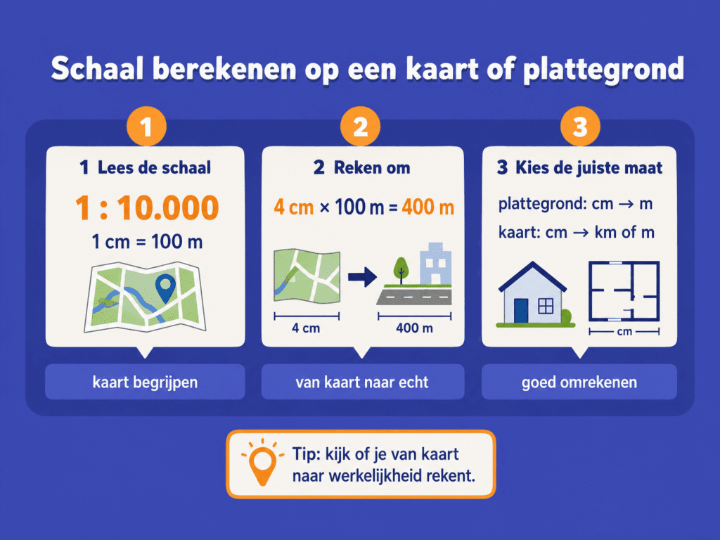 Educatieve illustratie die laat zien hoe je schaal berekent op een kaart of plattegrond, met een voorbeeld van 4 cm op de kaart naar 400 meter in werkelijkheid.