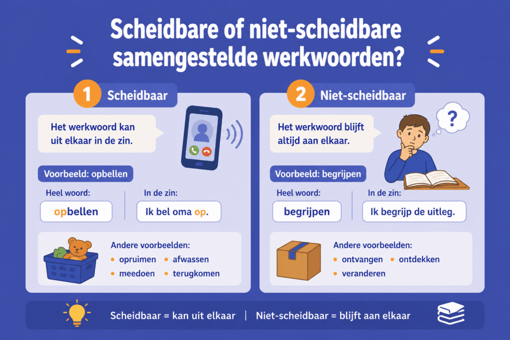 Infographic over scheidbare en niet-scheidbare samengestelde werkwoorden, met eenvoudige voorbeelden zoals opbellen en begrijpen en uitleg over werkwoorden die wel of niet uit elkaar gaan in een