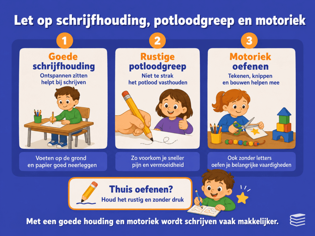 Infographic met tips voor schrijfhouding, potloodgreep en motoriek bij kinderen die leren schrijven.