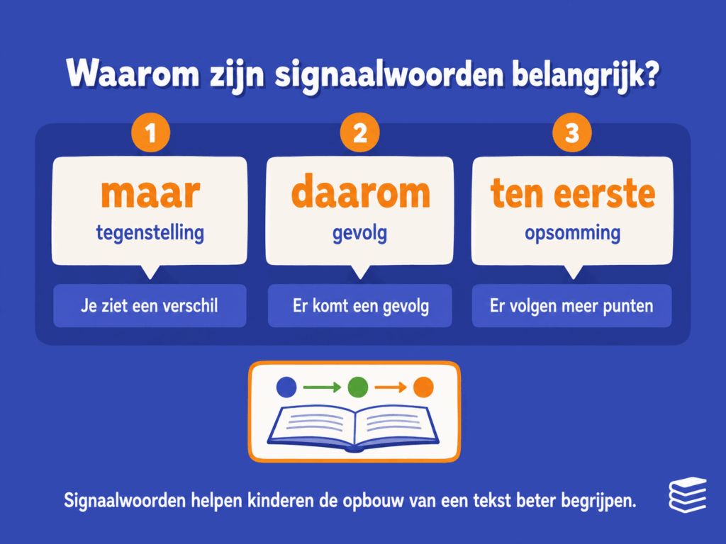 Illustratie voor kinderen over waarom signaalwoorden belangrijk zijn bij begrijpend lezen, met voorbeelden zoals maar, daarom en ten eerste om tegenstelling, gevolg en opsomming uit te leggen.