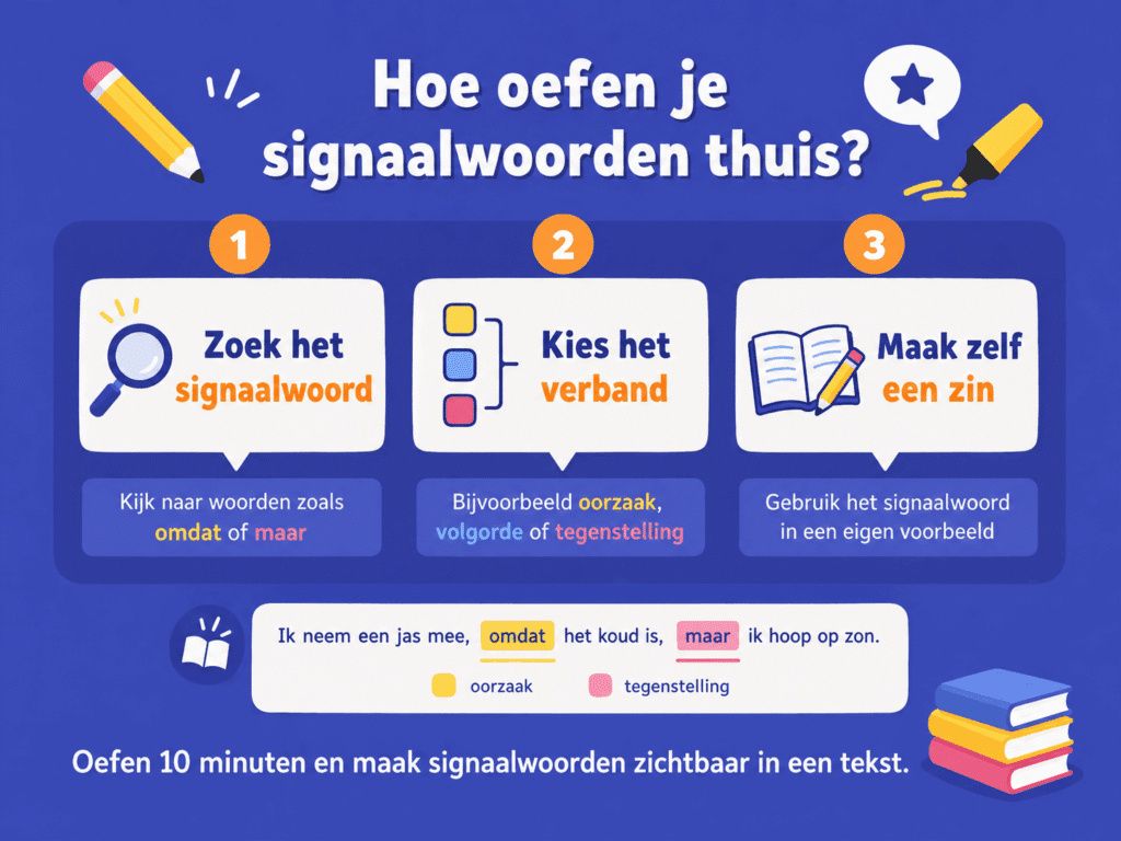 Educatieve afbeelding over signaalwoorden oefenen met je kind thuis, met eenvoudige stappen en voorbeelden om tekstverbanden beter te leren herkennen.