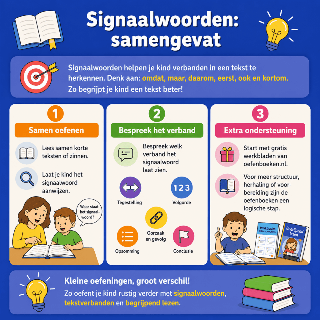 Infographic die signaalwoorden samenvat voor begrijpend lezen, met tips om samen korte teksten te lezen, signaalwoorden aan te wijzen en tekstverbanden zoals tegenstelling, volgorde, opsomming en conclusie te bespre
