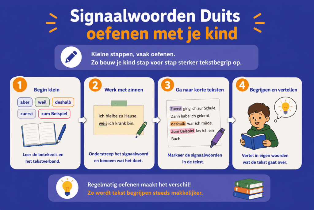 Overzichtelijke educatieve infographic die laat zien hoe kinderen Duitse signaalwoorden kunnen oefenen. De afbeelding bestaat uit vier eenvoudige stappen: beginnen met enkele belangrijke signaalwoorden, oefenen met korte zinnen, signaalwoorden markeren in een korte tekst en daarna de tekst in eigen woorden uitleggen.