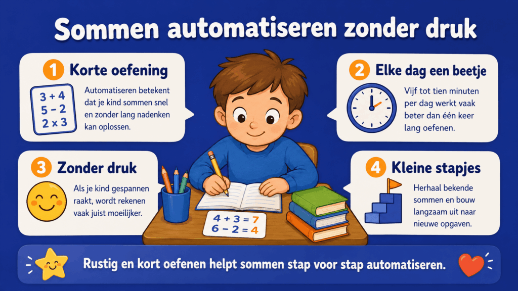 Infographic over sommen automatiseren zonder druk, met korte oefenmomenten, kleine stapjes en rustig herhalen.