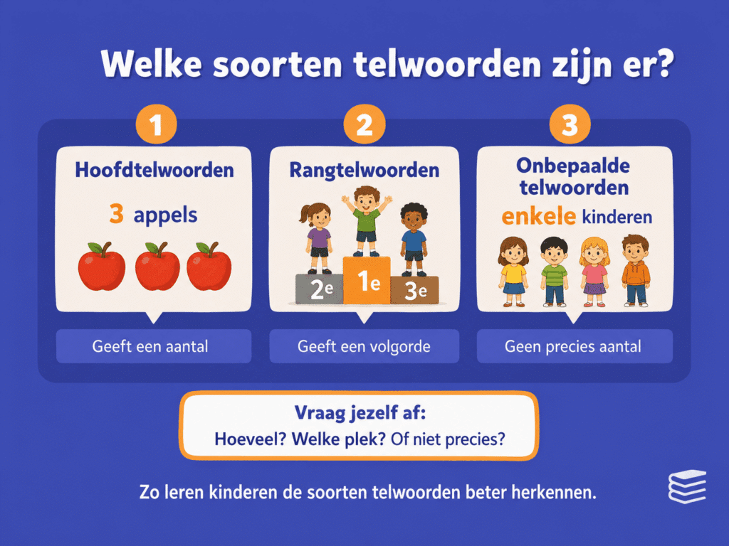 Infographic voor kinderen over soorten telwoorden met uitleg en voorbeelden van hoofdtelwoorden, rangtelwoorden en onbepaalde telwoorden.