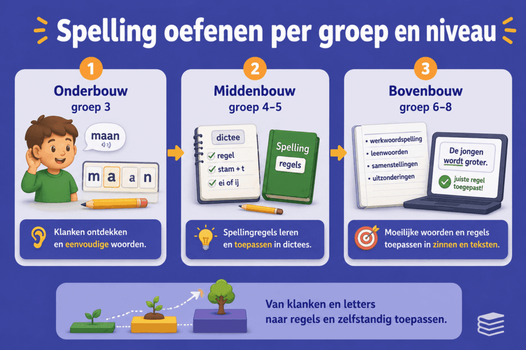 Infographic die laat zien hoe spelling zich opbouwt van klanken en eenvoudige woorden in groep 3 naar spellingregels en werkwoordspelling in de bovenbouw.