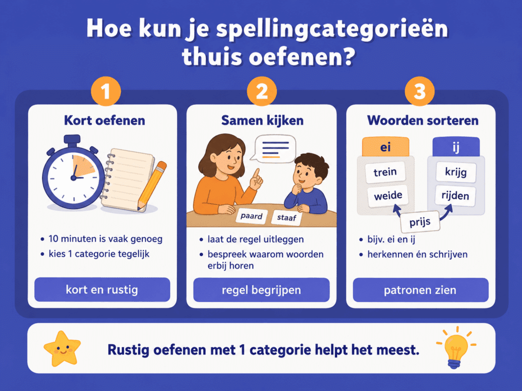 Infographic met tips om spellingcategorieën thuis te oefenen, zoals kort oefenen, samen naar de regel kijken en woorden sorteren.