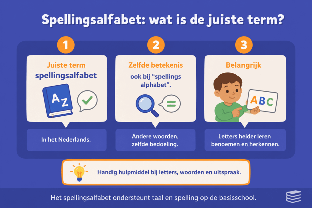 Infographic die uitlegt waarom spellingsalfabet de juiste Nederlandse term is en hoe het kinderen helpt bij taal en spelling.