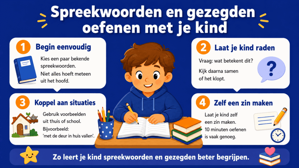 Infographic met eenvoudige tips om thuis spreekwoorden en gezegden te oefenen met je kind.