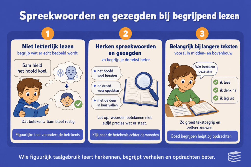Infographic die uitlegt waarom spreekwoorden en gezegden belangrijk zijn bij begrijpend lezen, met voorbeelden van figuurlijk taalgebruik en de betekenis achter woorden.