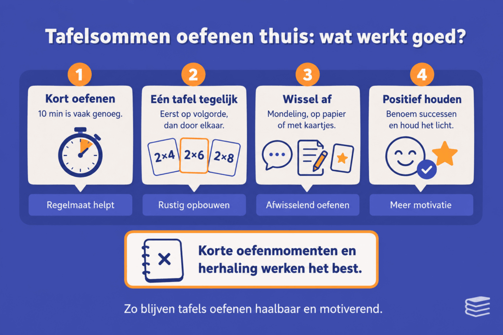 Infographic met vier tips om tafelsommen thuis te oefenen, zoals kort oefenen, één tafel tegelijk en positief blijven.