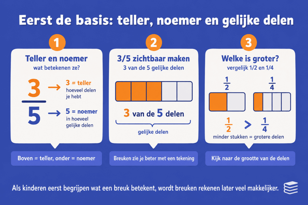 Infographic die uitlegt wat teller en noemer zijn, hoe 3/5 eruitziet als 3 van de 5 gelijke delen en waarom 1/2 groter is dan 1/4.