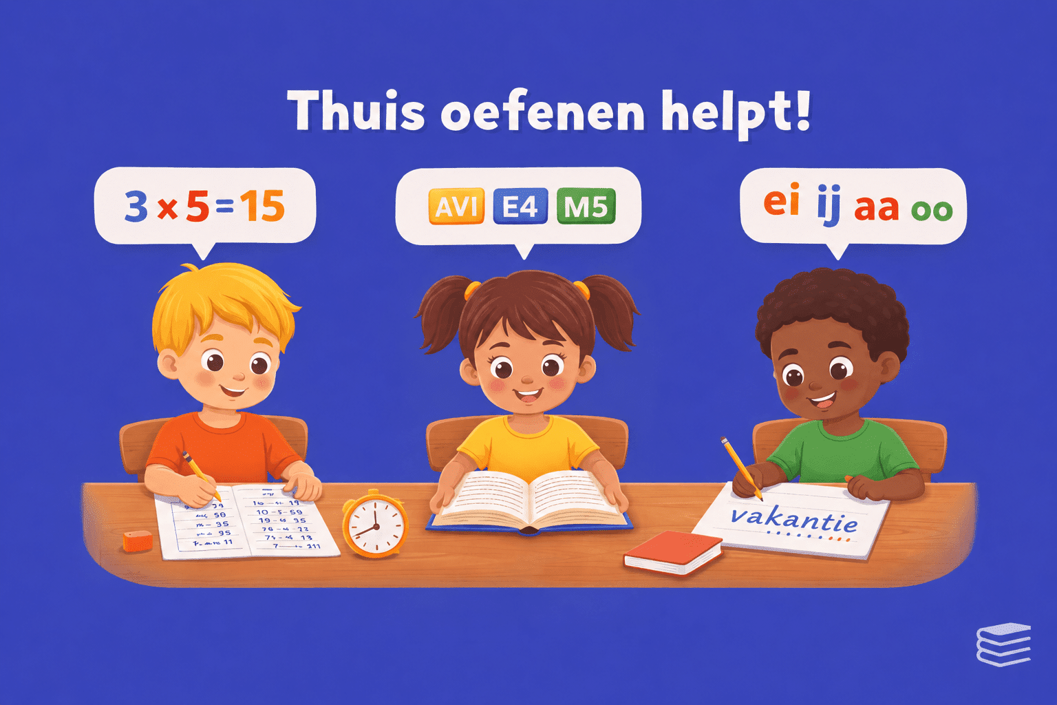 Illustratie van drie kinderen die thuis oefenen met rekenen, lezen en spelling aan een tafel met de tekst ‘Thuis oefenen helpt!’ bovenaan.