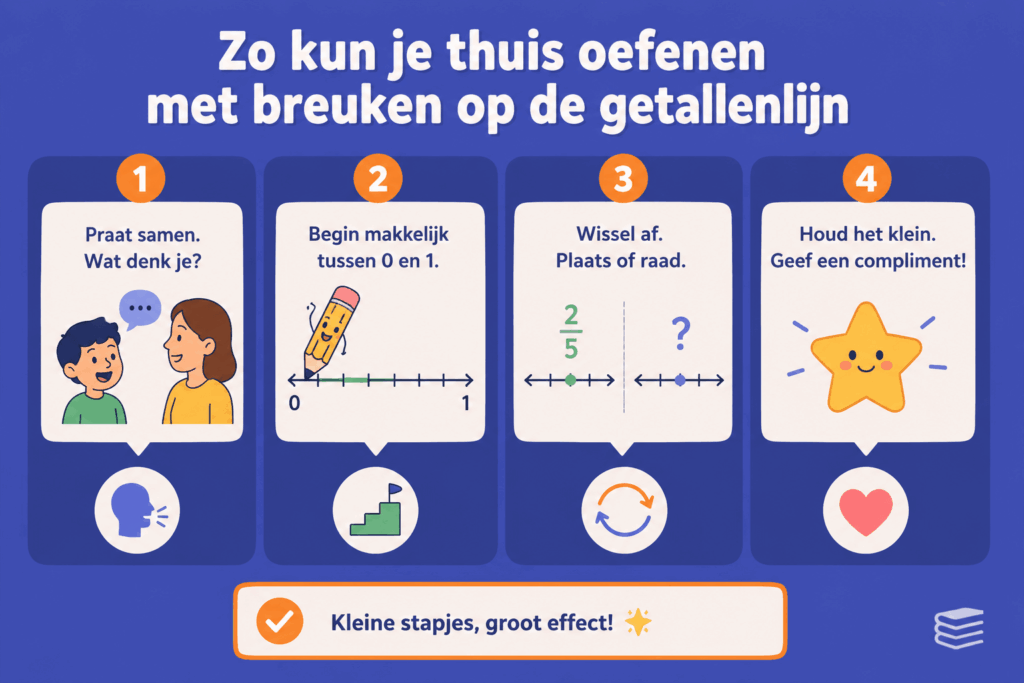 Vrolijke educatieve illustratie voor kinderen over thuis oefenen met breuken op de getallenlijn. De afbeelding laat stap voor stap zien hoe kinderen samen praten over breuken, eenvoudige oefeningen tussen 0 en 1 maken, breuken plaatsen of raden en oefenen met positieve aandacht en kleine stapjes.