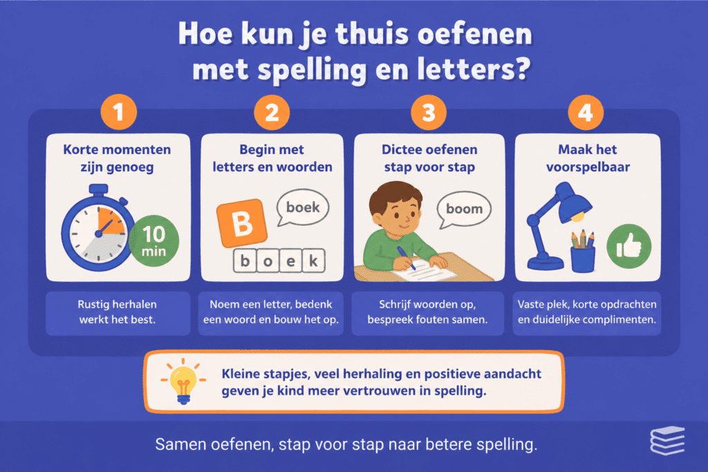 Infographic met eenvoudige tips om thuis kort en rustig te oefenen met spelling, letters en dictee.