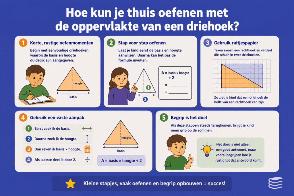 Infographic met stappen om thuis te oefenen met de oppervlakte van een driehoek, inclusief basis, hoogte en de formule.