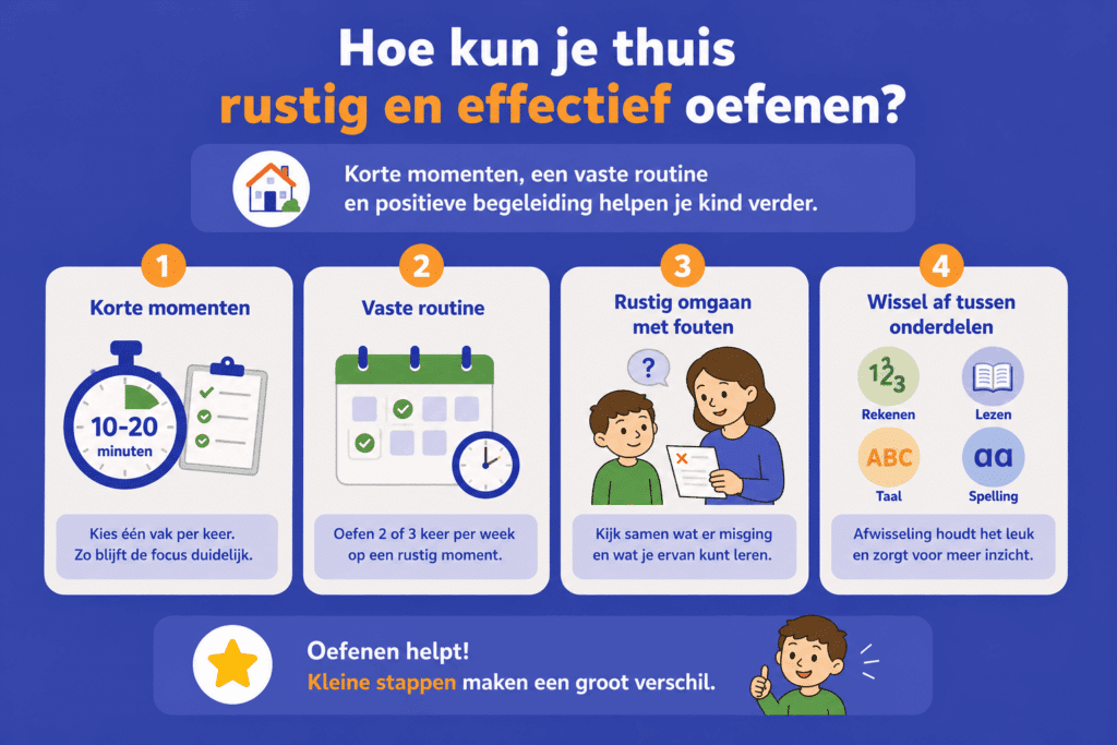 Educatieve infographic over effectief thuis oefenen voor kinderen. De afbeelding toont vier eenvoudige tips: korte oefenmomenten van 10 tot 20 minuten, een vaste oefenroutine, rustig omgaan met fouten en afwisselen tussen rekenen, taal, lezen en spelling.