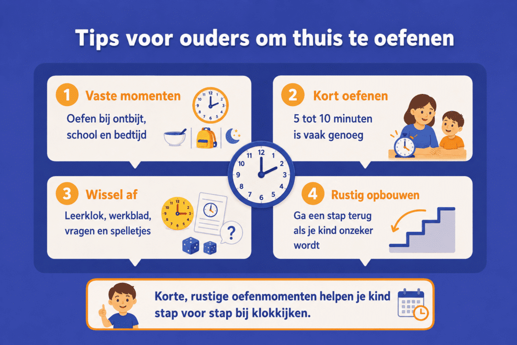 Infographic met tips voor ouders om thuis klokkijken te oefenen, zoals oefenen op vaste momenten, kort oefenen, afwisselen met leerklok, werkblad en spelletjes en rustig opbouwen.