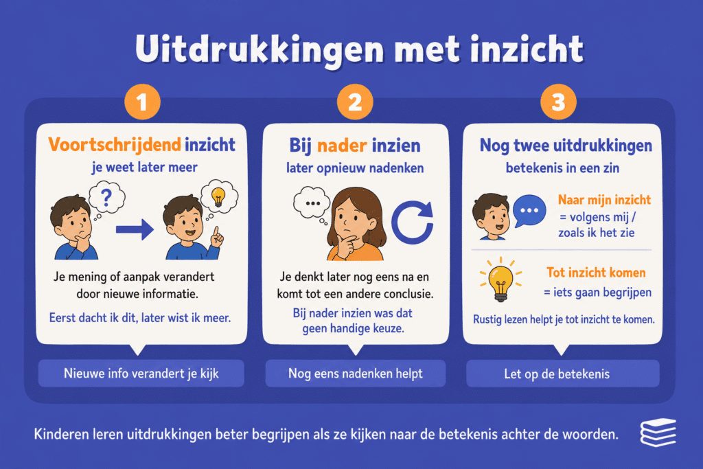 Infographic die verschillende uitdrukkingen met inzicht uitlegt, zoals voortschrijdend inzicht, bij nader inzien, naar mijn inzicht en tot inzicht komen.