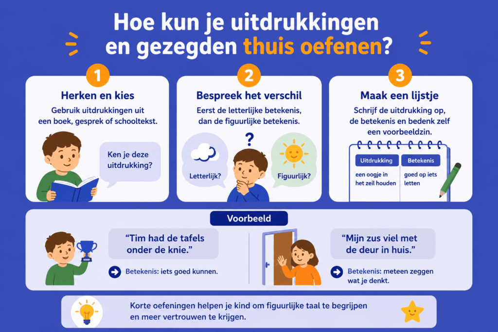 Eenvoudige infographic die laat zien hoe kinderen thuis uitdrukkingen en gezegden leren herkennen, begrijpen en gebruiken.