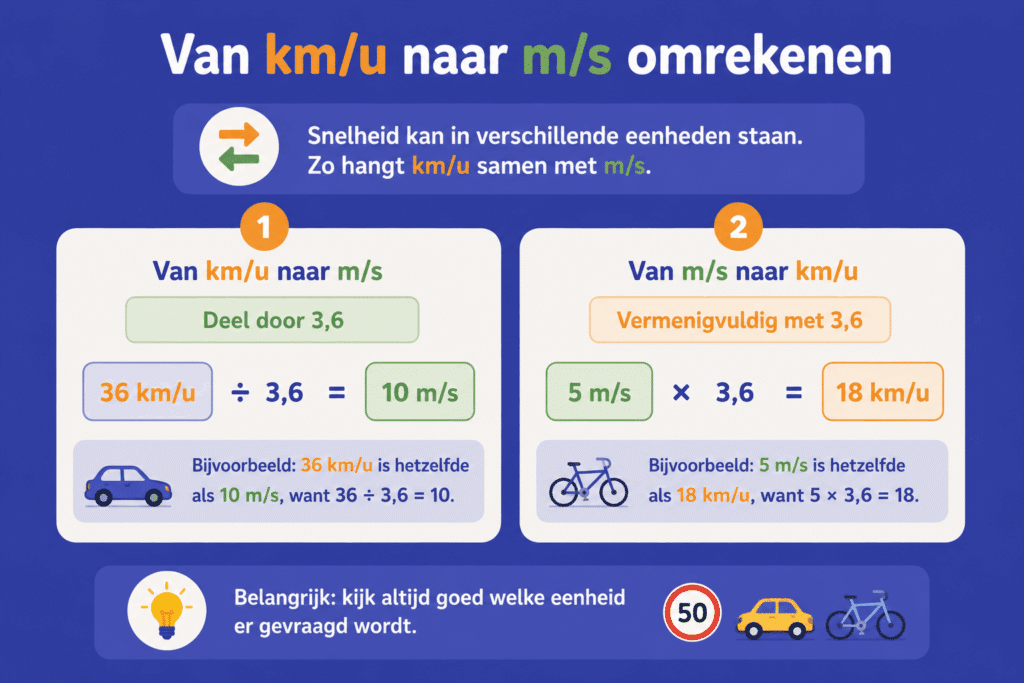 Educatieve infographic die laat zien hoe je snelheid omzet tussen kilometer per uur en meter per seconde. De afbeelding vergelijkt beide richtingen: van km/u naar m/s deel je door 3,6 en van m/s naar km/u vermenigvuldig je met 3,6. Met eenvoudige voorbeelden zoals 36 km/u = 10 m/s en 5 m/s = 18 km/u wordt de regel overzichtelijk uitgelegd.