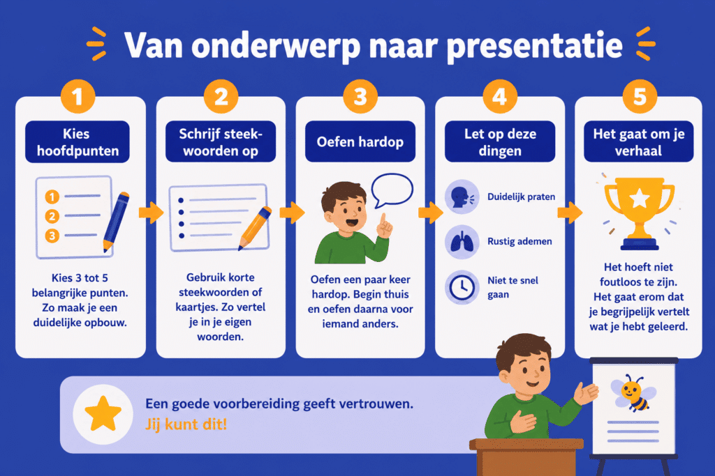 Infographic die laat zien hoe kinderen stap voor stap een presentatie voorbereiden, van hoofdpunten kiezen tot oefenen en presenteren.