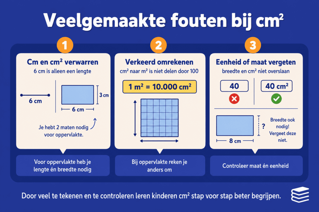 Infographic die laat zien welke fouten kinderen vaak maken bij cm², zoals cm en cm² verwarren, verkeerd omrekenen naar m² en de maat of eenheid vergeten.