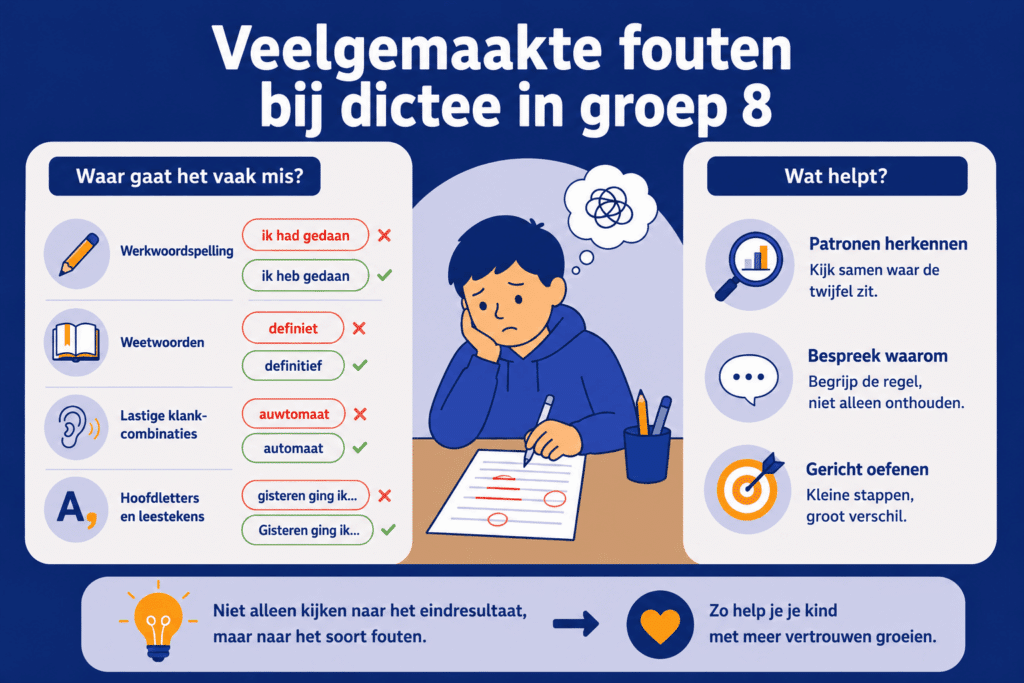 Educatieve infographic over veelgemaakte fouten bij dictee in groep 8 met voorbeelden van werkwoordspelling, weetwoorden, klankcombinaties en tips om gerichter te oefenen.