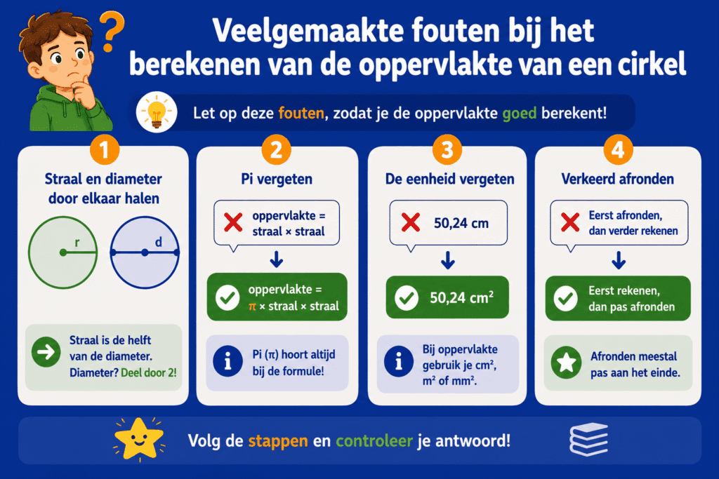 Educatieve infographic voor basisschoolkinderen over veelgemaakte fouten bij het berekenen van de oppervlakte van een cirkel. De afbeelding laat vier veelvoorkomende fouten zien: straal en diameter verwarren, pi vergeten in de formule, de eenheid cm² vergeten en te vroeg afronden.