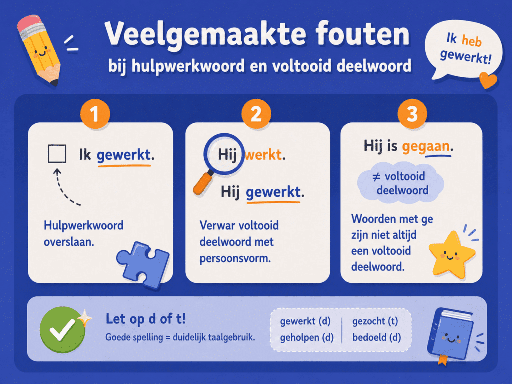 Infographic die veelgemaakte fouten uitlegt bij hulpwerkwoorden en voltooid deelwoorden, zoals het hulpwerkwoord overslaan, verwarring met de persoonsvorm, ge-woorden herkennen en letten op d of t.