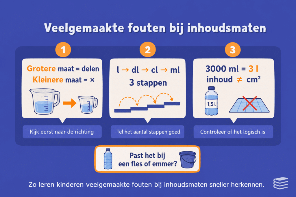 Illustratie voor kinderen over veelgemaakte fouten bij inhoudsmaten, met uitleg over groter of kleiner rekenen, stappen in het schema en het verschil tussen liter, milliliter en andere inhoudsmaten.