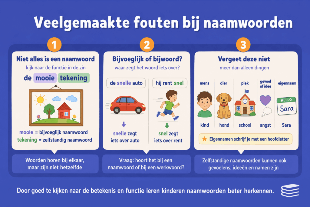 Infographic die laat zien welke fouten kinderen vaak maken bij naamwoorden, zoals zelfstandige naamwoorden verwarren met bijvoeglijke naamwoorden of bijwoorden en het vergeten van gevoelens, ideeën en eigennamen.