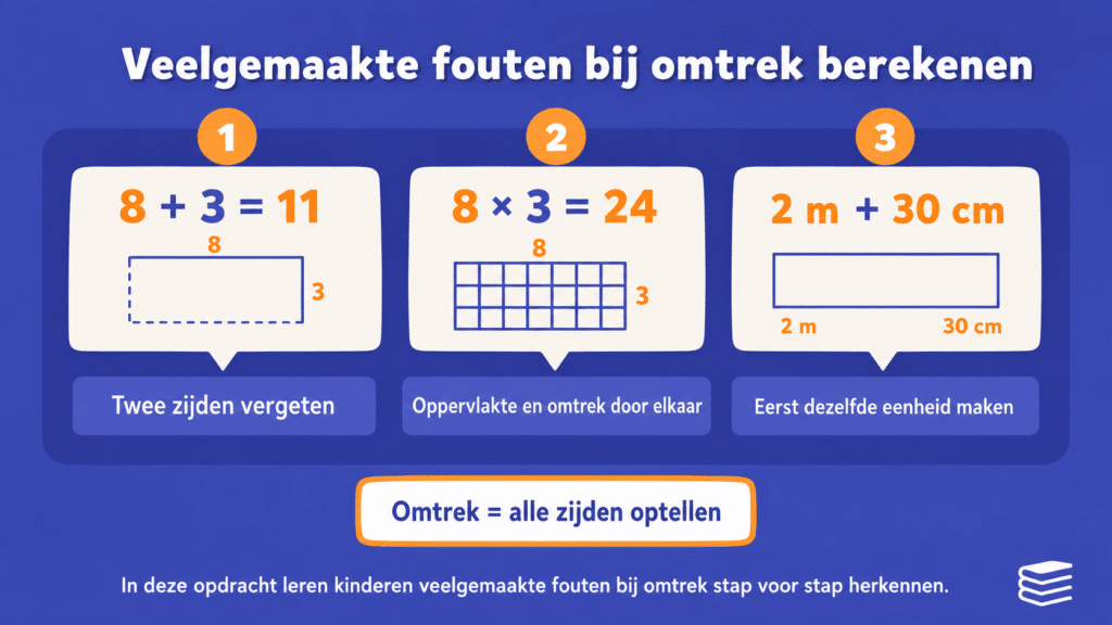 Illustratie voor kinderen met uitleg over veelgemaakte fouten bij omtrek berekenen, zoals alleen lengte en breedte optellen, omtrek verwarren met oppervlakte en maateenheden door elkaar halen.