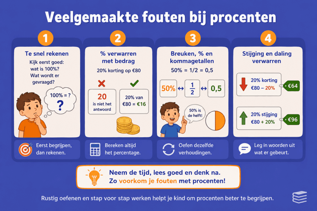 Educatieve afbeelding voor kinderen over veelgemaakte fouten bij procenten. De afbeelding laat vier veelvoorkomende fouten zien: te snel rekenen zonder goed te lezen, een percentage verwarren met een bedrag, breuken, procenten en kommagetallen door elkaar halen, en stijging en daling verwarren