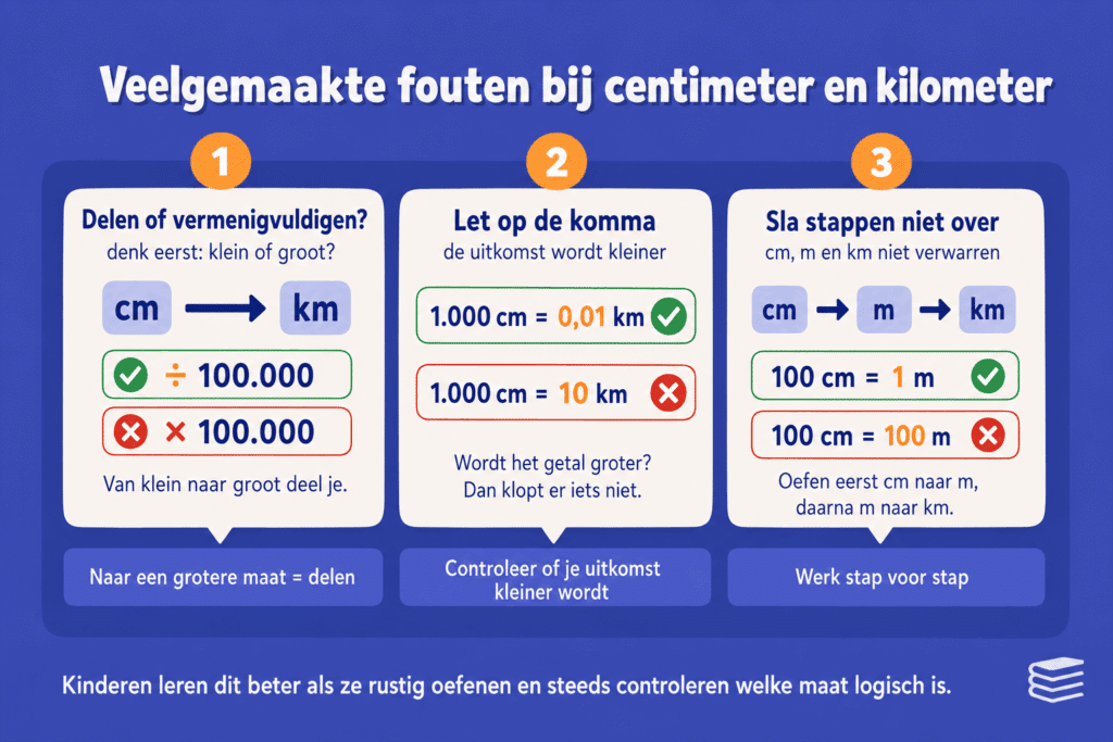 Infographic die laat zien welke fouten kinderen vaak maken bij centimeter en kilometer, zoals delen en vermenigvuldigen verwarren, de komma verkeerd plaatsen en stappen overslaan tussen cm, m en km.