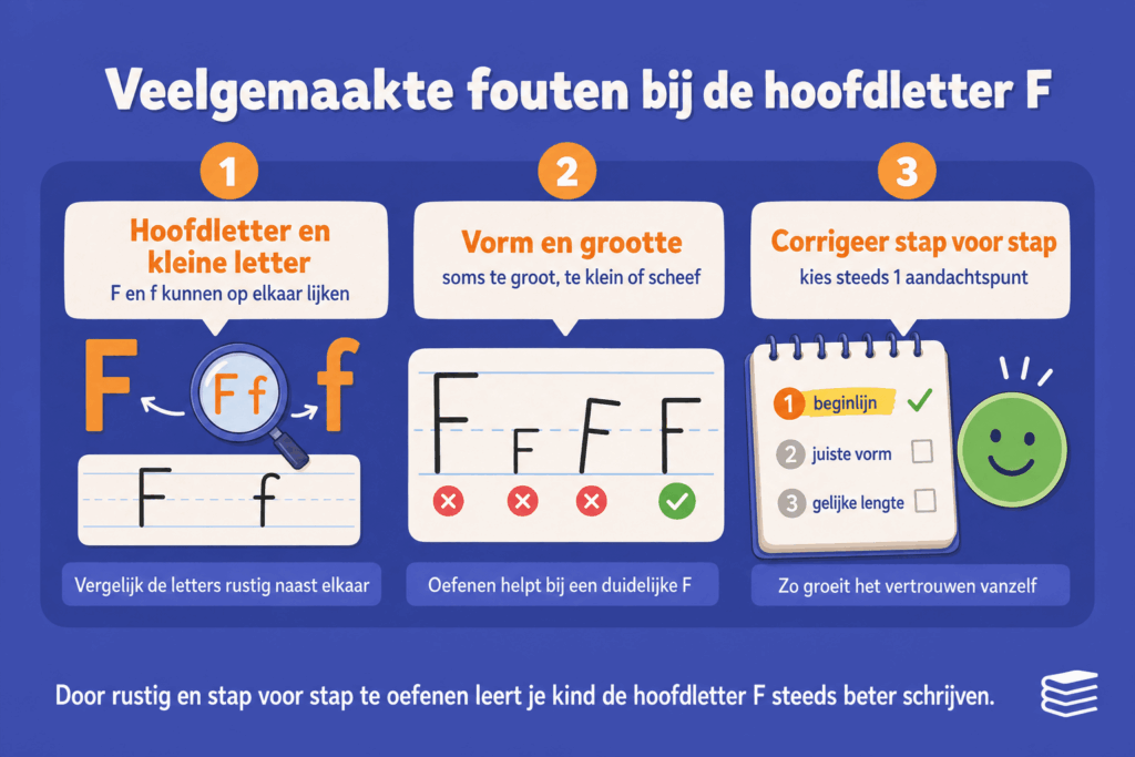 Infographic die laat zien welke fouten kinderen vaak maken bij de hoofdletter F, zoals verwarring met de kleine f, een verkeerde vorm of grootte en het stap voor stap verbeteren van de letter.