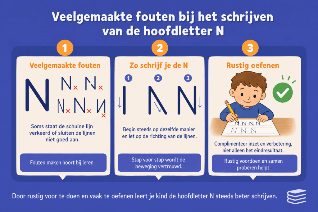 Infographic die laat zien welke fouten kinderen vaak maken bij het schrijven van de hoofdletter N, met voorbeelden van verkeerde lijnen, stap-voor-stap uitleg en rustig oefenen.