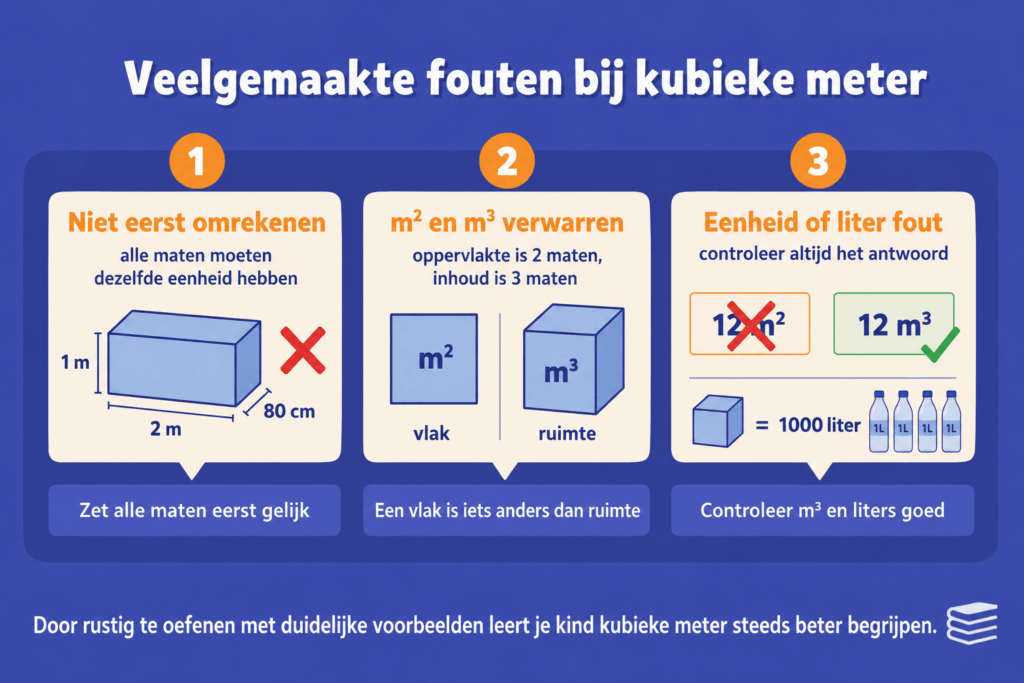 Infographic die laat zien welke fouten kinderen vaak maken bij kubieke meter, zoals niet eerst omrekenen, m² en m³ verwarren en fouten maken met liters en eenheden.