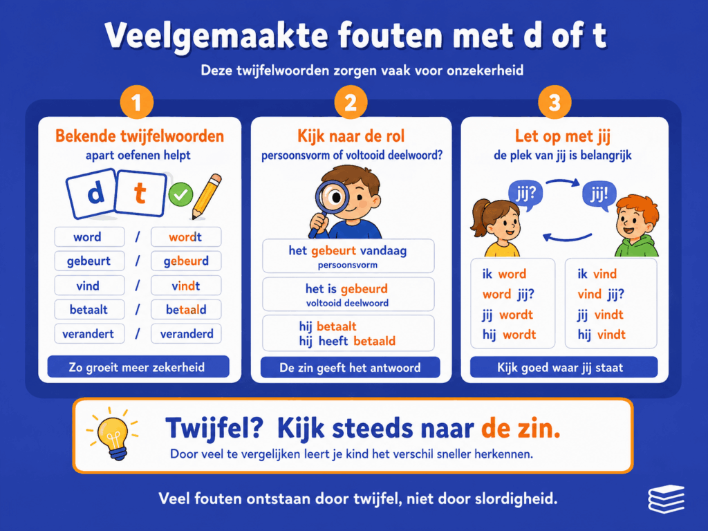Infographic over veelgemaakte fouten met d of t, met voorbeelden van twijfelwoorden zoals word of wordt, gebeurt of gebeurd, vind of vindt, en uitleg dat je naar de rol van het werkwoord en de plaats van jij moet kijken.