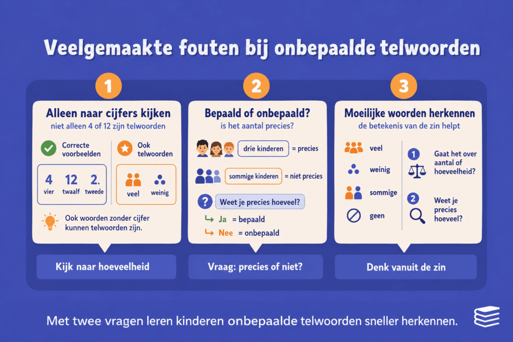 Infographic die laat zien welke fouten kinderen vaak maken bij onbepaalde telwoorden, zoals alleen naar cijfers kijken, bepaald en onbepaald verwarren en woorden als veel, weinig, sommige en geen herkennen.