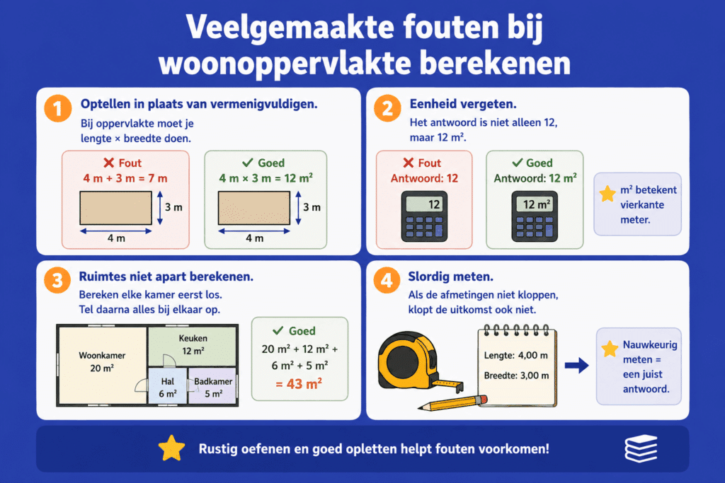 Infographic met veelgemaakte fouten bij woonoppervlakte berekenen, zoals optellen in plaats van vermenigvuldigen.