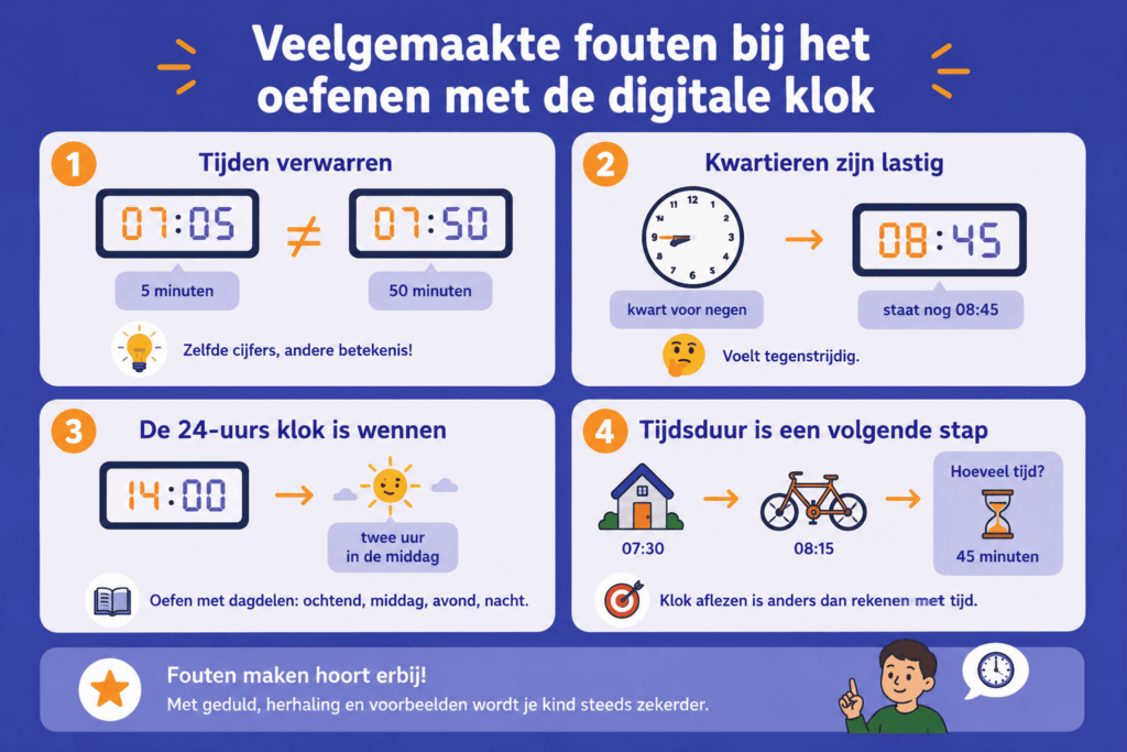 Educatieve infographic die vier veelgemaakte fouten bij de digitale klok laat zien. De afbeelding toont het verschil tussen 07:05 en 07:50, legt uit waarom 08:45 gelijk is aan kwart voor negen, geeft een voorbeeld van de 24 uurs klok met 14:00 als twee uur in de middag en laat zien hoe tijdsduur wordt berekend tussen twee tijdstippen.
