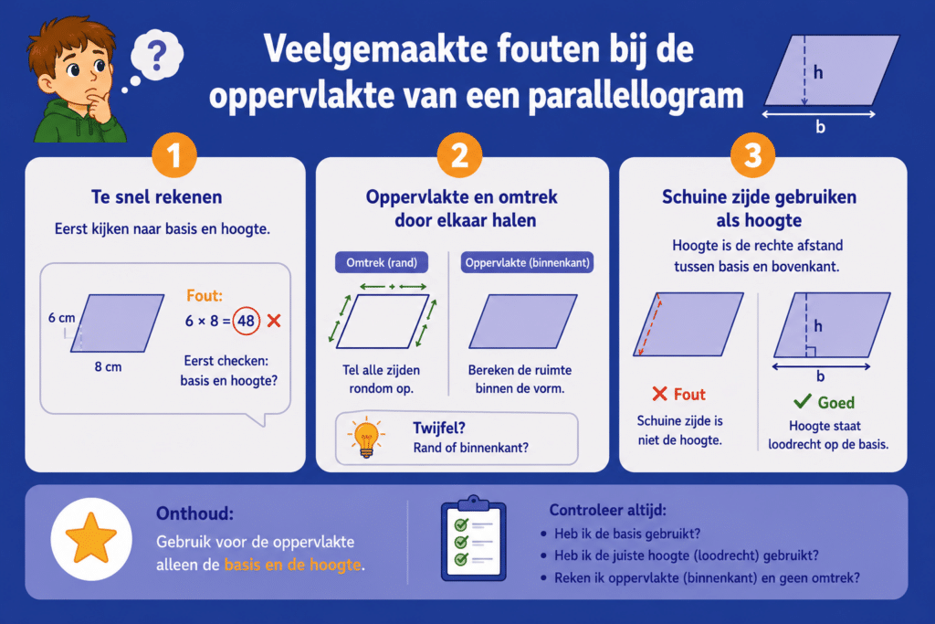 Infographic over veelgemaakte fouten bij het berekenen van de oppervlakte van een parallellogram. De afbeelding laat zien dat kinderen soms te snel rekenen zonder te controleren of ze de basis en hoogte gebruiken, oppervlakte en omtrek door elkaar halen of de schuine zijde verwarren met de hoogte.