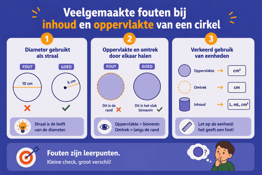 Educatieve infographic die drie veelgemaakte fouten bij cirkels laat zien. De eerste fout is het verwarren van straal en diameter. De tweede fout is het door elkaar halen van oppervlakte en omtrek. De derde fout is het gebruiken van verkeerde eenheden.