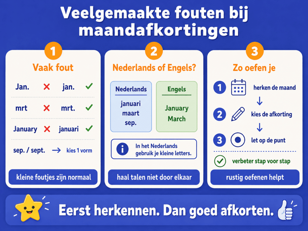 Infographic over veelgemaakte fouten bij maandafkortingen, zoals hoofdletters gebruiken, punten vergeten, Engelse maandnamen gebruiken en september steeds anders afkorten.